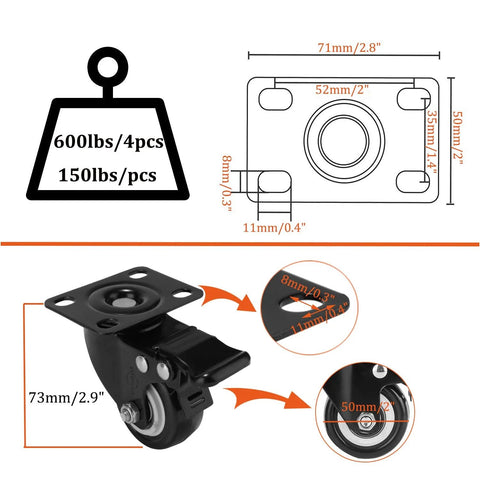 2 inch swivel caster wheels set with brake, dimensions