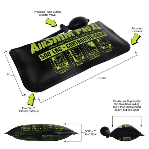 Angled front view of Air Shim Pro XL inflatable pry bar and leveling tool; 500 lb capacity; black with lime graphics.