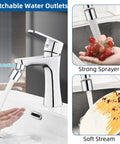 Dual Function Faucet Aerator With 360 Degree Swivel Sprayer in chrome finish, showing soft aerated water and strong spray on a kitchen sink