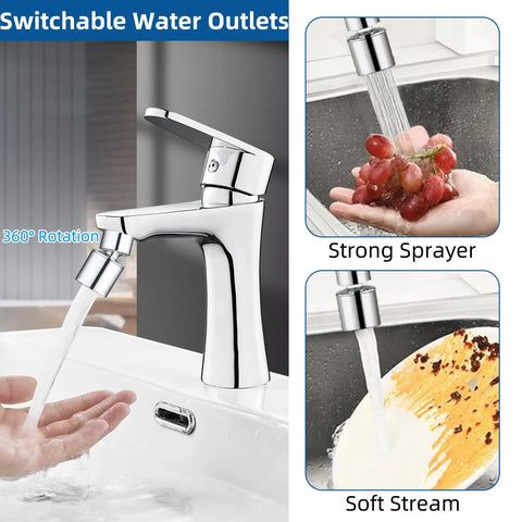 Dual Function Faucet Aerator With 360 Degree Swivel Sprayer in chrome finish, showing soft aerated water and strong spray on a kitchen sink