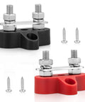 Heavy Duty 12 Volt 100 Amp Power Distribution Block With Dual Quarter Inch M6 Stud Busbar, black and red connectors, screws included.