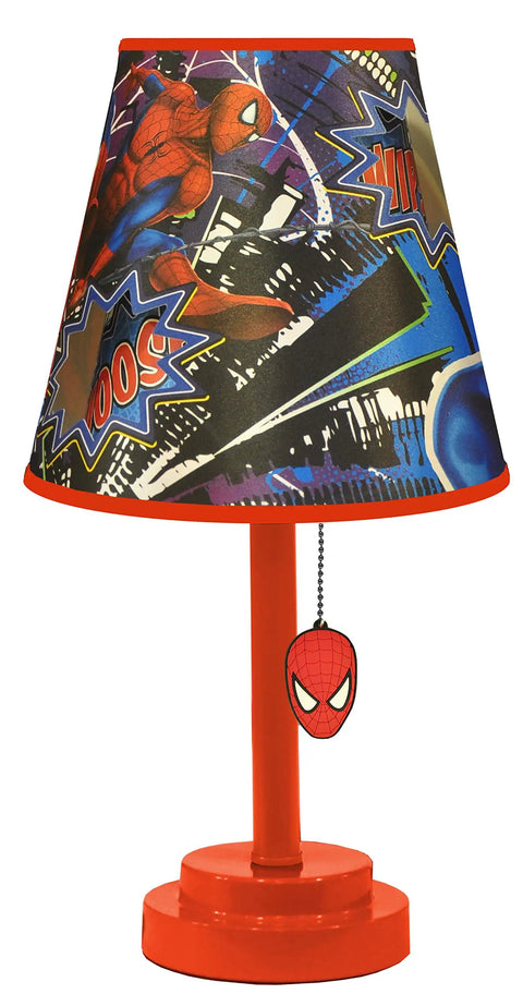 Spider-Man Kids Table Lamp With Double Shade And Pull Chain Colorful Spidey Night Light For Bedroom Playroom Or Study Desk Kid Friendly Decor That Pops, featuring colorful comic designs and red base.