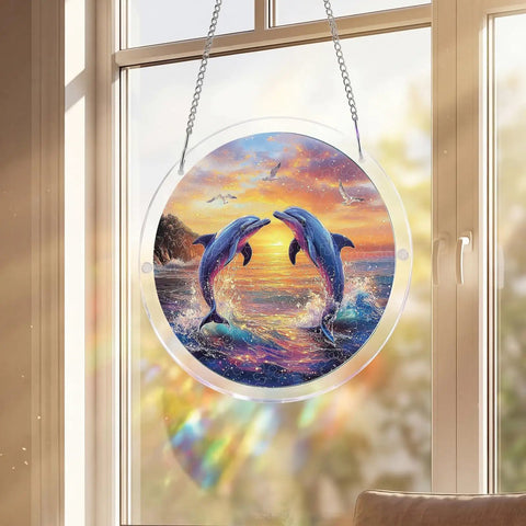 Vivid Tree Of Life Acrylic Sun Catcher Puzzle Kit For Doors, Garden And Windows depicting dolphins at sunset