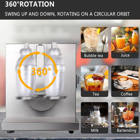 Pro Grade Stainless Steel Electric Milk Tea Shaker Machine With Dual Cup Auto Shake System And Hassle Free Rotation Timer shown with 360° rotation feature.
