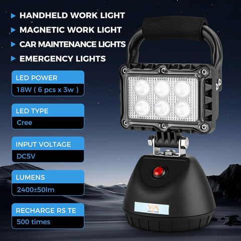LED Work Light 18W 2400LM Magnetic Flood Light with Aluminum Alloy Body and Portable Handle for Workshop Use