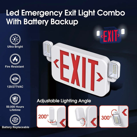 LED Combo Emergency Exit Sign With Two Adjustable Head Lights And Backup Battery US Standard Red Letter Commercial Safety Lighting