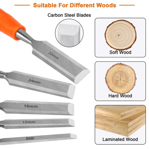Heavy Duty 5 Piece Wood Chisel Set For Woodworking with steel hammer ends and ergonomic handles for different wood types.