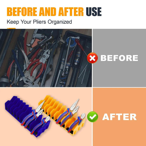 Two Pack Must Have Pliers Organizer Rack With Ten Slot Holder Extendable Drawer Storage Accessory With Non Slip Rubber Base Fits Three Inch Tools Pliers Screwdrivers Wrenches For Garage Or Workshop Blue Yellow in use before and after comparison