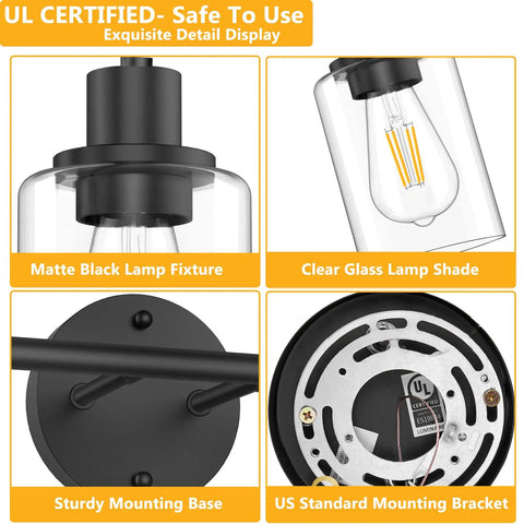 Details of a Three-Light Black Bathroom Wall Light With Clear Glass Shades, showcasing matte black fixture and clear glass shade.