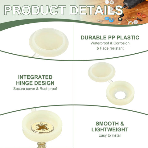 5 Mm Beige Hinged Screw Covers, Plastic Shutter Caps With Fold Snap Washer, product details showing design and features
