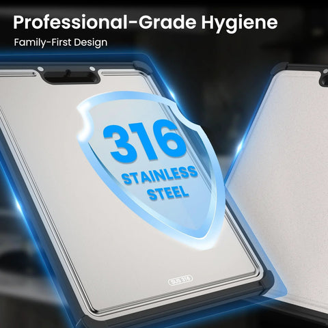 316 stainless steel cutting board, front view, extra large 16.9 x 11.8 inches, dual-sided kitchen board