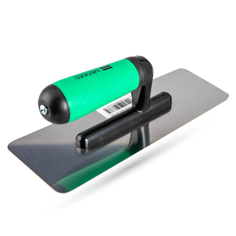 Stainless Steel Plaster Trowel With Trapezoidal Blade For Venetian Plaster Finish 9.4 By 4 Inch Pro Grade Heavy Duty Tool Side Angle View