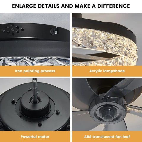 Close-up of 20 Inch Black Ceiling Fan With Light Remote Dimmable Enclosed Bladeless Design Cool Smart App Control components