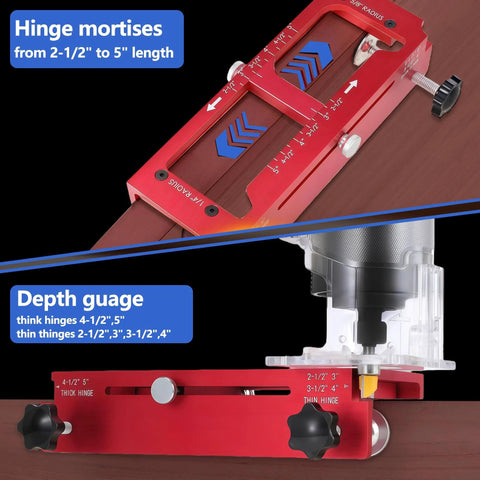 Pro Grade Aluminum Door Hinge Jig Kit For Router Use Adjustable Mortise Template cutting mortises and depth gauge attached to door