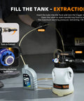 Four Uncles 3L Pneumatic Transmission Fluid Pump With ATF Adapters showing extraction setup with tube and fluid bottle.