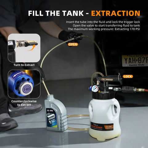 Four Uncles 3L Pneumatic Transmission Fluid Pump With ATF Adapters showing extraction setup with tube and fluid bottle.