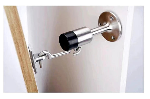 Heavy Duty Stainless Steel Door Stopper With Hook And Rubber Bumper, Wall And Floor Mount Door Holder Quiet Dampening Stop, Rustproof And Durable Barrier To Prevent Collisions, Easy Install With Free Screws Included installed on a door.