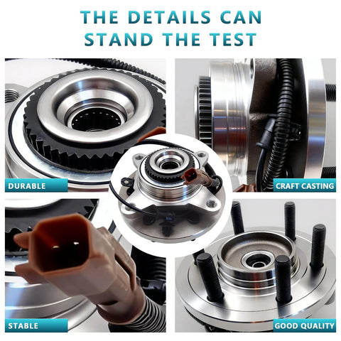 Front Wheel Bearing Hub Assembly 515177 6 Lug 4WD Fits 2018 2019 2020 Ford F150 Front Left Or Right Replacement Two Pack Bolt On ABS Compatible Premium Easy Install Ready To Roll, close-up view showing durable parts, cable, bolts.