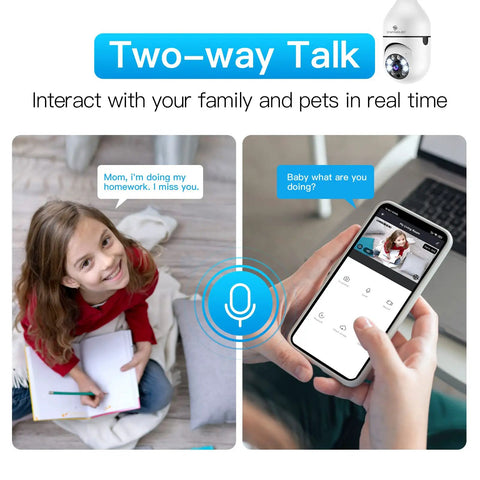 Plug And Play Light Bulb Security Camera 2K, 2.4GHz Wireless WiFi Bulb Cam with Two-Way Talk feature shown on phone app interface