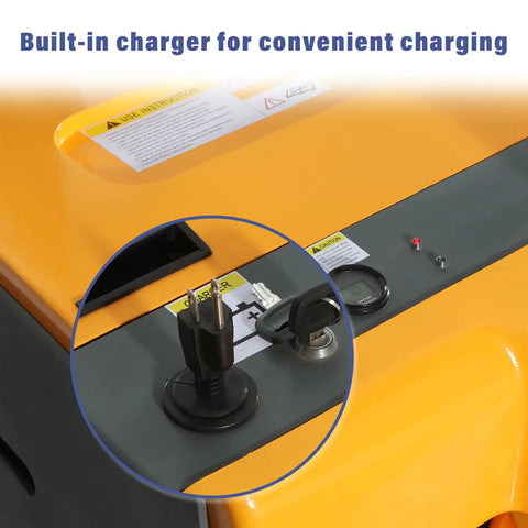 Built-in charger for Heavy Duty Counterbalanced Electric Pallet Stacker 3300 Lbs Capacity 118 Inch Lift Height for easy charging.