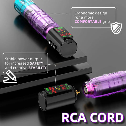 Wireless Tattoo Pen Kit With 2x 1600mAh Batteries, ergonomic design for comfort and stable power output.
