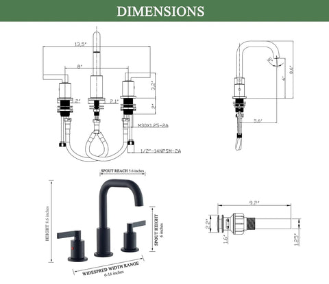 Dimensions of Matte Black 8 Inch Widespread Bathroom Sink Faucet With Pop Up Drain Modern High Arc Two Handle Vanity Faucet