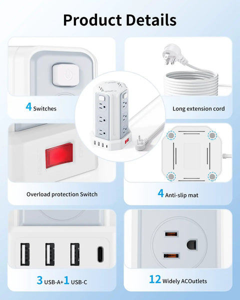 Product details of Power Strip Surge Protector Tower With 12 AC Outlets And 4 USB Ports Including USB C, 10 Foot Extension Cord.