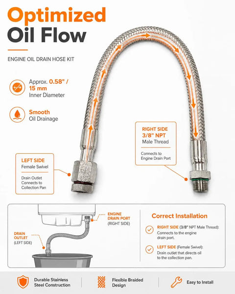 Heavy Duty 3/8 Inch NPT Engine Oil Drain Hose Kit With 18 Inch Extension For Easy Fluid Transfer During Quick Car Maintenance And Routine Service Sessions, braided hose
