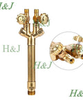 Beefy Heavy Duty Acetylene And Oxygen Cutting Welding Torch Kit With Handle And Cutting Attachment Three Piece Set Durable Brass And Stainless Steel Victor Type Ready For Multiple Gas Options Cutting Nozzle Tip Included, close-up of brass handle with valve details