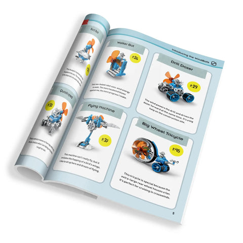 Manual pages showing models from Wind Powered Bots 6 In 1 STEM Kit For Kids Hands On With Wind Technology Gear Ratios And More