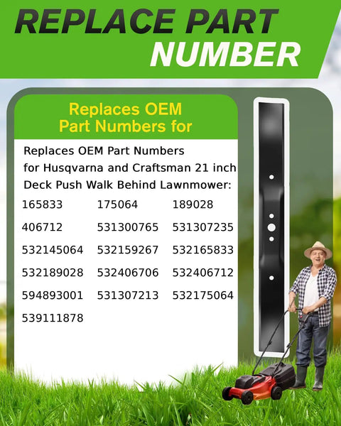 21 Inch Mulching Blade With Circle Mounting Pattern For Craftsman And Husqvarna Lawn Mowers Fits 21 Inch Decks Replaces OEM 165833 175064 189028 406712 Beefed Up Durable Steel Easy Install Clean Even Cut Performance shown with part numbers and man mowing lawn