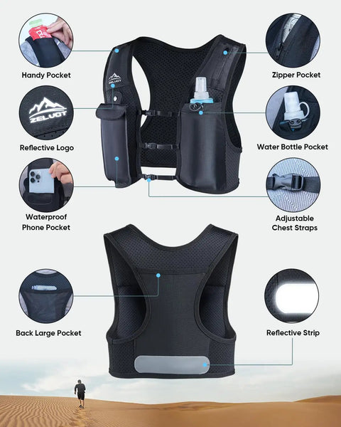 Unisex Hands Free Running Hydration Vest With 500ml Soft Flask, Adjustable Chest Straps, Lightweight Reflective Black Camo
