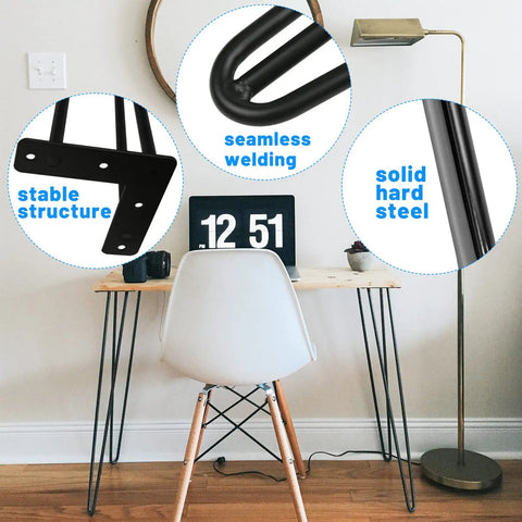 34 Inch Black Hairpin Table Legs Set Of 4 Heavy Duty 900 Lb Capacity With Rubber Floor Protectors for desks shown in detail