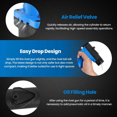 Heavy-Duty Pneumatic Rivet Gun Air Pop Riveter Kit features air relief valve and easy drop design for efficient use.
