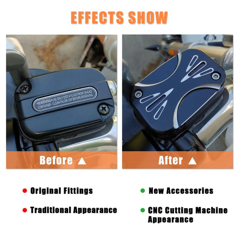 Before and after comparison of Clutch Master Cylinder Cover For Harley Touring And Glide Models, Ride Ready Front Brake Reservoir Cap, Easy Install, Durable Aluminum Replacement, Fits Road King Electra Glide Street Glide And Road Glide, Left Or Right Side.