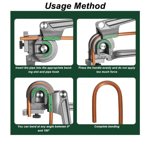 Heavy Duty Manual Tubing Bender Knocks Out Smooth 180 Degree Bends On Copper Coils And Brake Lines Quick 3 In 1 Swivel Jaw Handle usage method images