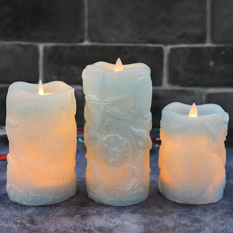 Ocean Themed Flameless Seashell Candles With Remote Control Real Wax Flicker Effect Battery Powered For Home Decor Set Of 3 Blue
