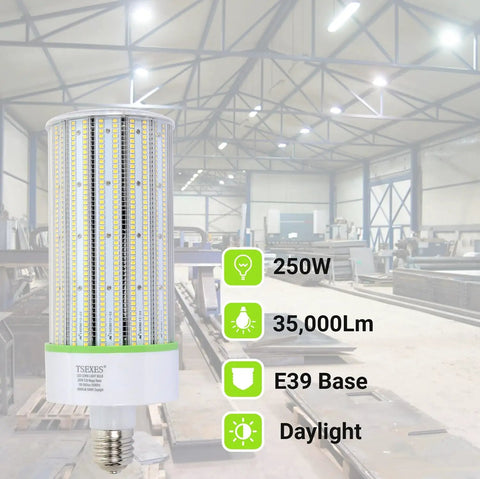 250W LED Corn Bulb E39 Base Drop In Replacement For 1000W Metal Halide HID HPS Lighting 5000K Daylight in industrial setting