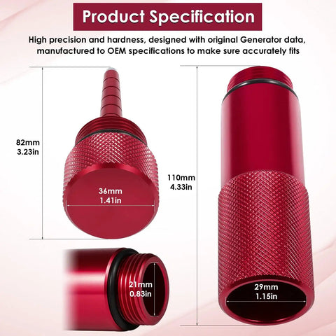 Mess Free Oil Change Funnel With Magnetic Oil Dipstick Kit For EU2200i Generator showing red aluminum parts with dimensions
