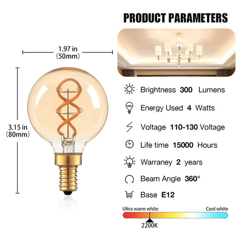 Dimmable E12 LED Filament Bulb 4W 40W Equivalent Amber 2200K 300 Lumens G16.5 Edison bulb dimensions and parameters chart