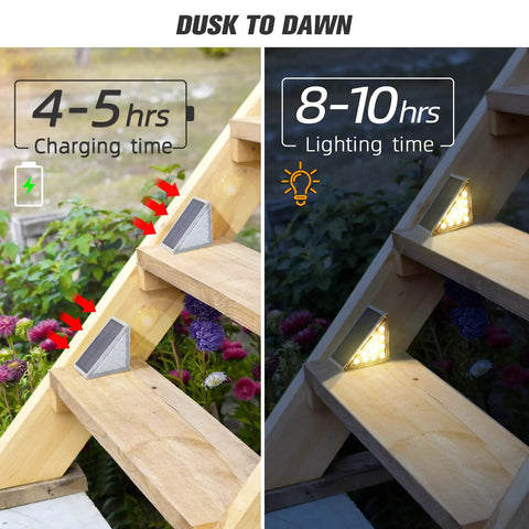Solar Step Lights 12 Pack Warm White Auto On Off Outdoor IP67 Waterproof on stairs showing day and night use