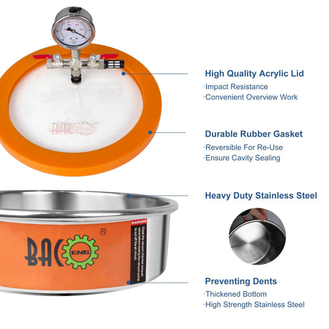 BACOENG 1-gallon flat vacuum chamber kit with stainless steel degassing chamber and orange acrylic lid for resin.
