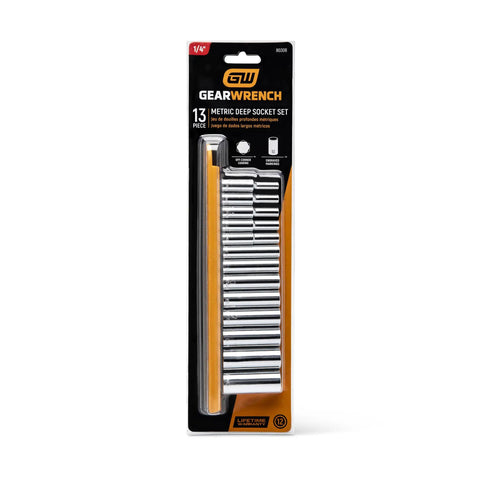 Thirteen Piece One Quarter Inch Drive Twelve Point Deep Socket Set Metric with Chrome Finish in packaging on white background.