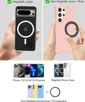 Hands holding phones with MagSafe and non-MagSafe cases with ring for Stroller Phone Holder With MagSafe Handlebar Mount For On The Go