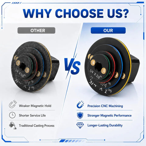 Upgrade Your Garage With This Slick Low Profile Impact Socket Adapter Set, Including 4 Essential Pieces for Fast Drive Size Swaps from Quarter Inch To Full Inch For Serious DIY And Pro Mechanic Jobs. comparison graphic of 1/4 x 3/8 to 3/4 x 1 impact socket adapters