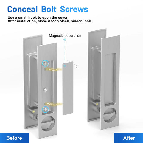 Pocket Door Hardware With Lock Privacy Recessed Edge Pull In Brushed Nickel For Smooth Quiet Sliding Doors Flush Mount Handle Kit With Durable Easy Install Design concealed bolt screw cover before and after