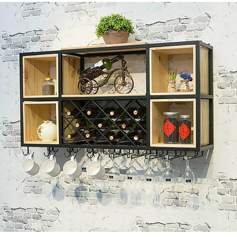 Industrial Iron And Raw Wood Wall Mounted Wine Rack, Heavy Duty Hanging Bottle Holder with stemware and decor.