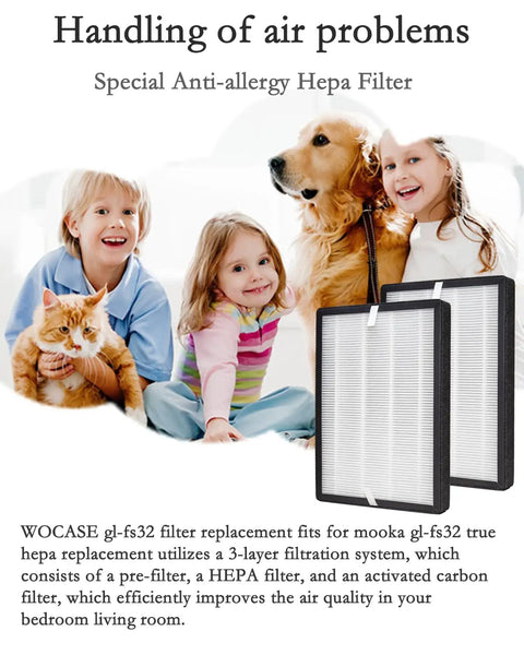 2-Pack GL-FS32 Replacement Filter With 3-In-1 H13 True HEPA Filtration shown near family with pets