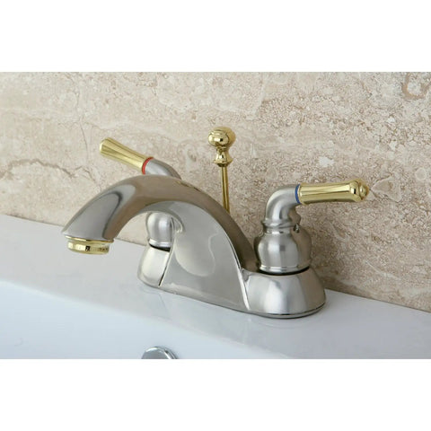 Naples 4 Inch Centerset Lavatory Faucet In Brushed Nickel And Polished Brass Two Tone Sleek Dope Dual Lever Deck Mount 3 Hole Sink Fixture