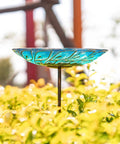 Glass Bird Bath On Metal Stake With Four Pronged Base For Stability Easy Assembly Outdoor Garden Bird Feeder Peacock Style